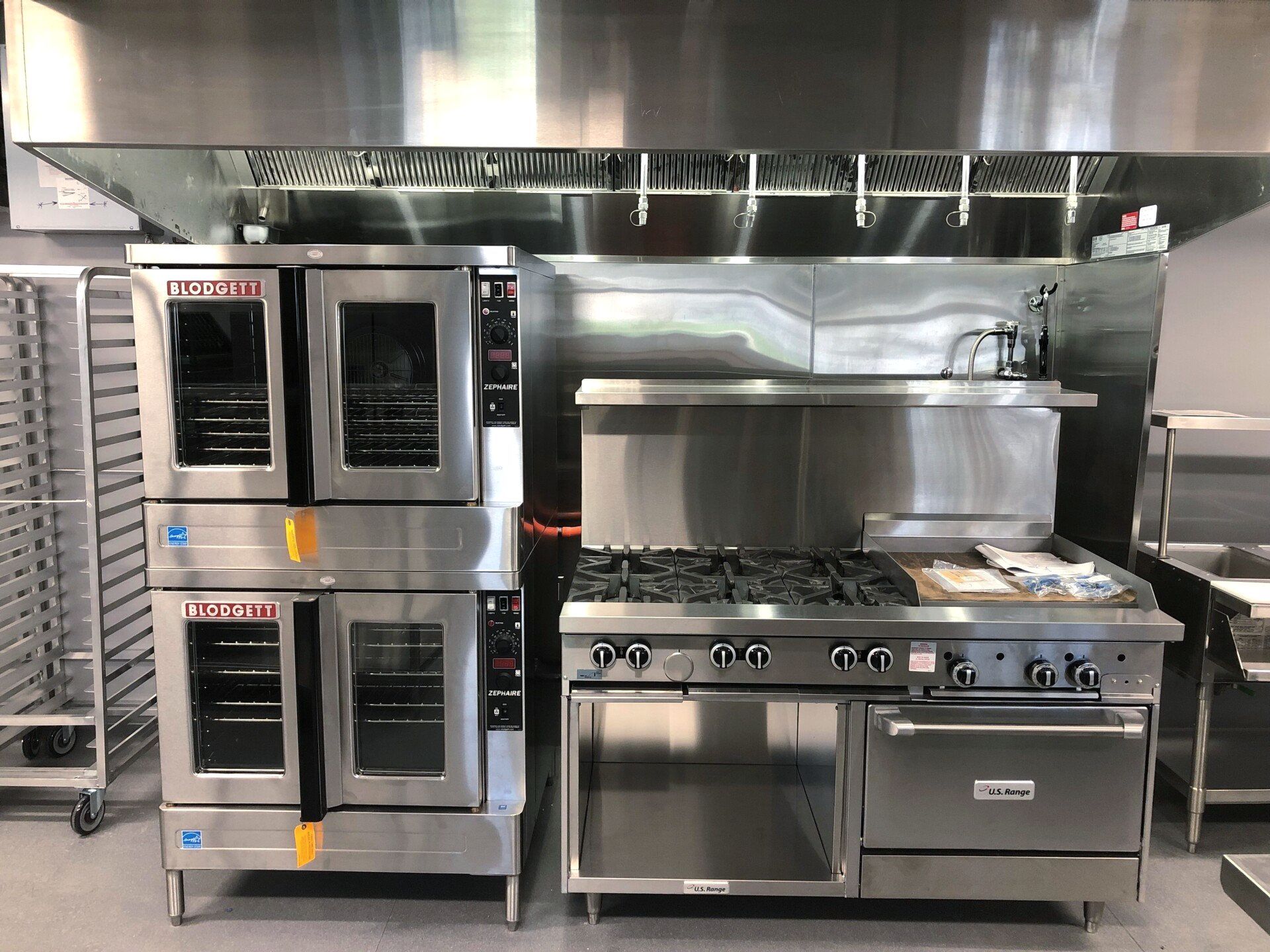 a kitchen with stainless steel appliances including a blodgett oven