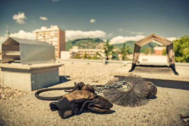 A pair of gloves and a chimney brush are laying on the ground.
