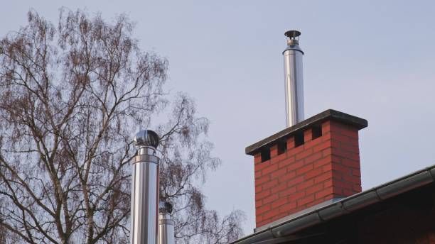 There are two chimneys on the roof of a house.