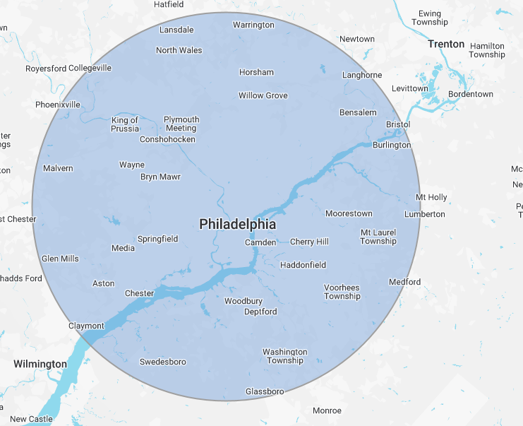 A map of philadelphia with a circle around it