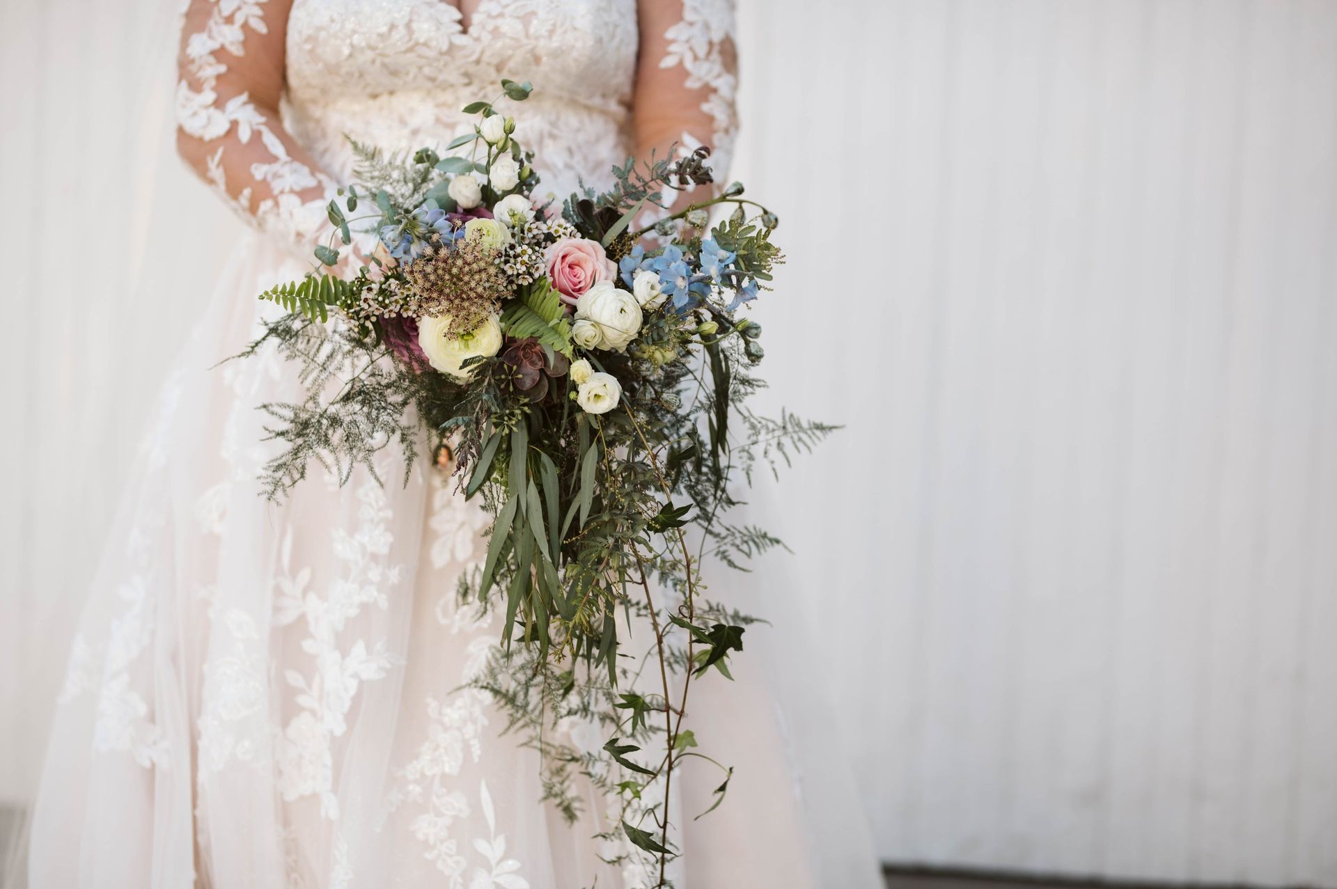 draped wedding bouquet in pink, white and blue locally grown in Lancaster Ohio