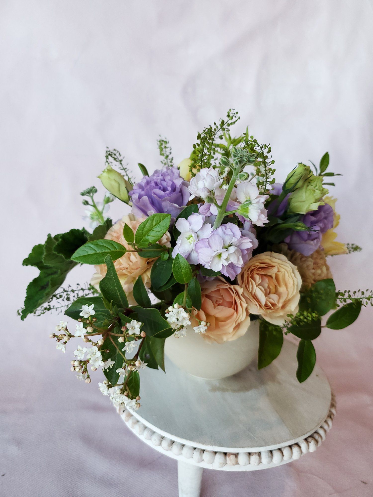lavender and peach floral arrangement locally grown in Lancaster Ohio