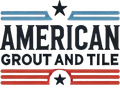 Logo for American Grout and Tile; text in black, red, and blue, with stars and stripes design elements.