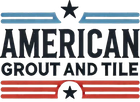 Logo for American Grout and Tile; text in black, red, and blue, with stars and stripes design elements.