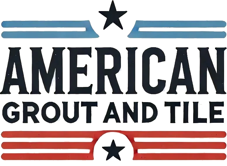 Logo for American Grout and Tile; text in black, red, and blue, with stars and stripes design elements.
