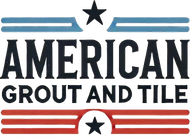 Logo for American Grout and Tile; text in black, red, and blue, with stars and stripes design elements.