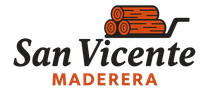 Logotipo de San Vicente Maderera con icono de troncos apilados en texto negro y naranja.