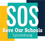 Save our schools Lynchburg logo with yellow, teal, and dark blue squares behind white lettering
