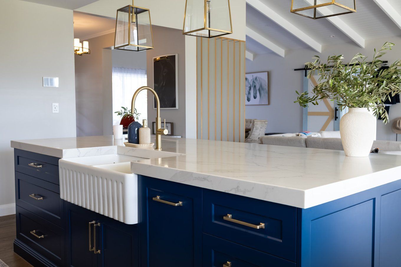 Navy Blue Kitchen Island With White Countertop, Farmhouse Sink, and Gold Fixtures — Truline Cabinets In Tuchekoi, QLD