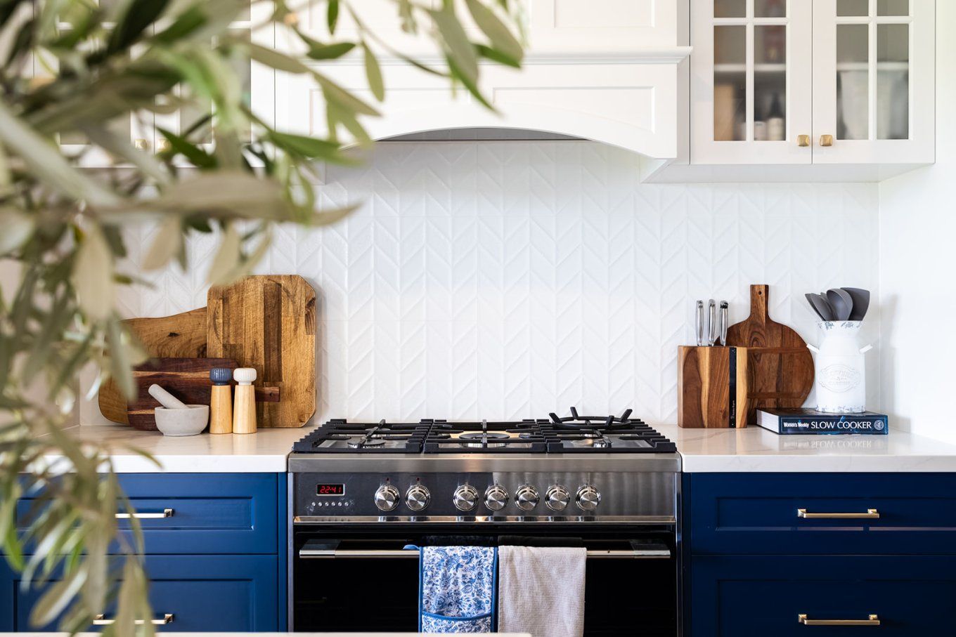 Blue and White Kitchen With a Stainless Steel Oven — Truline Cabinets In Tuchekoi, QLD