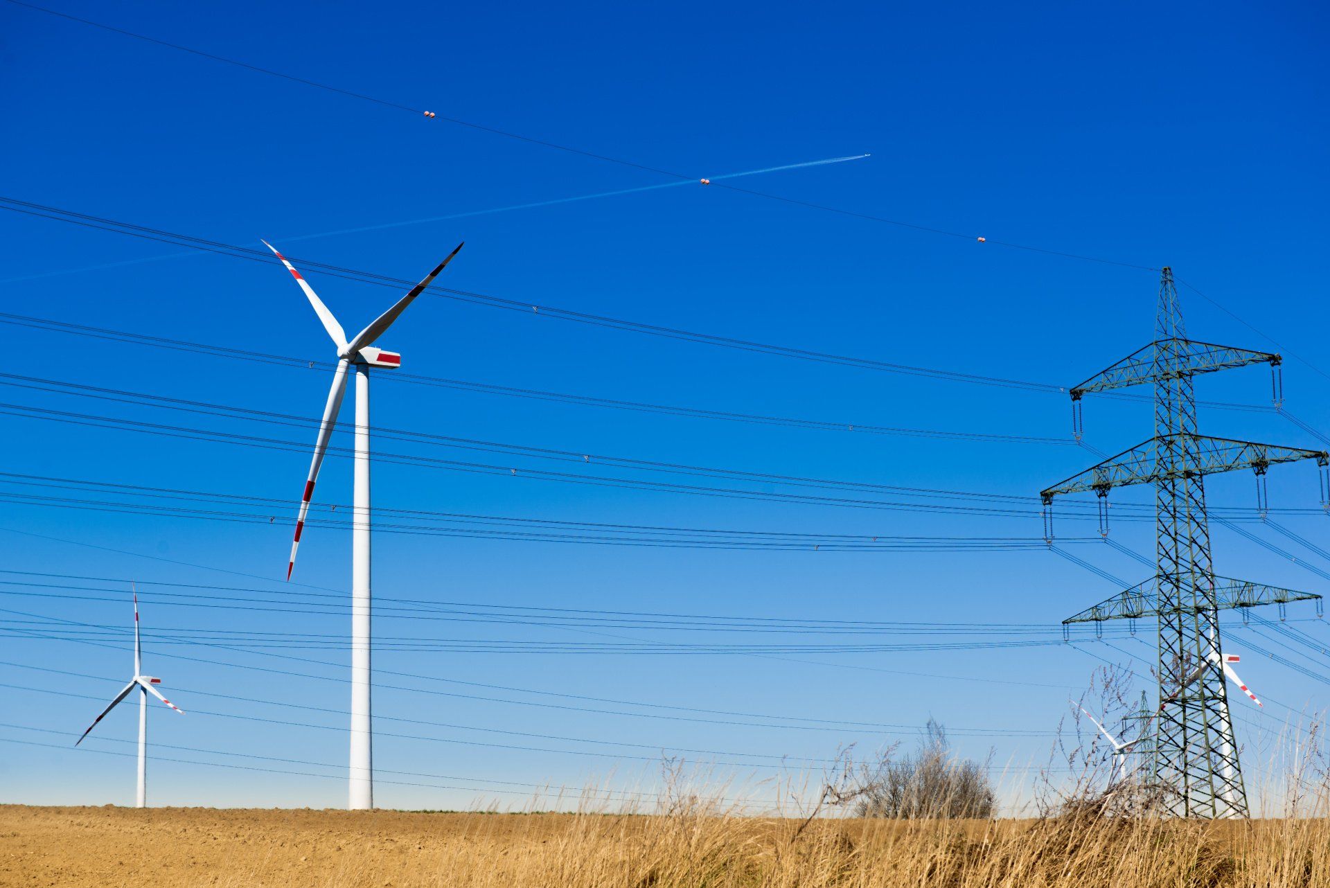 A row of wind turbines in a field with power lines in the background.