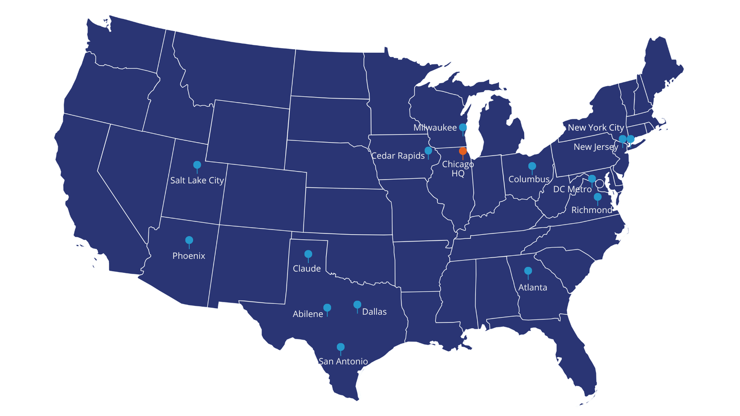 A map showing the location of National Technologies (NTI) office locations in all major data center markets and many secondary markets