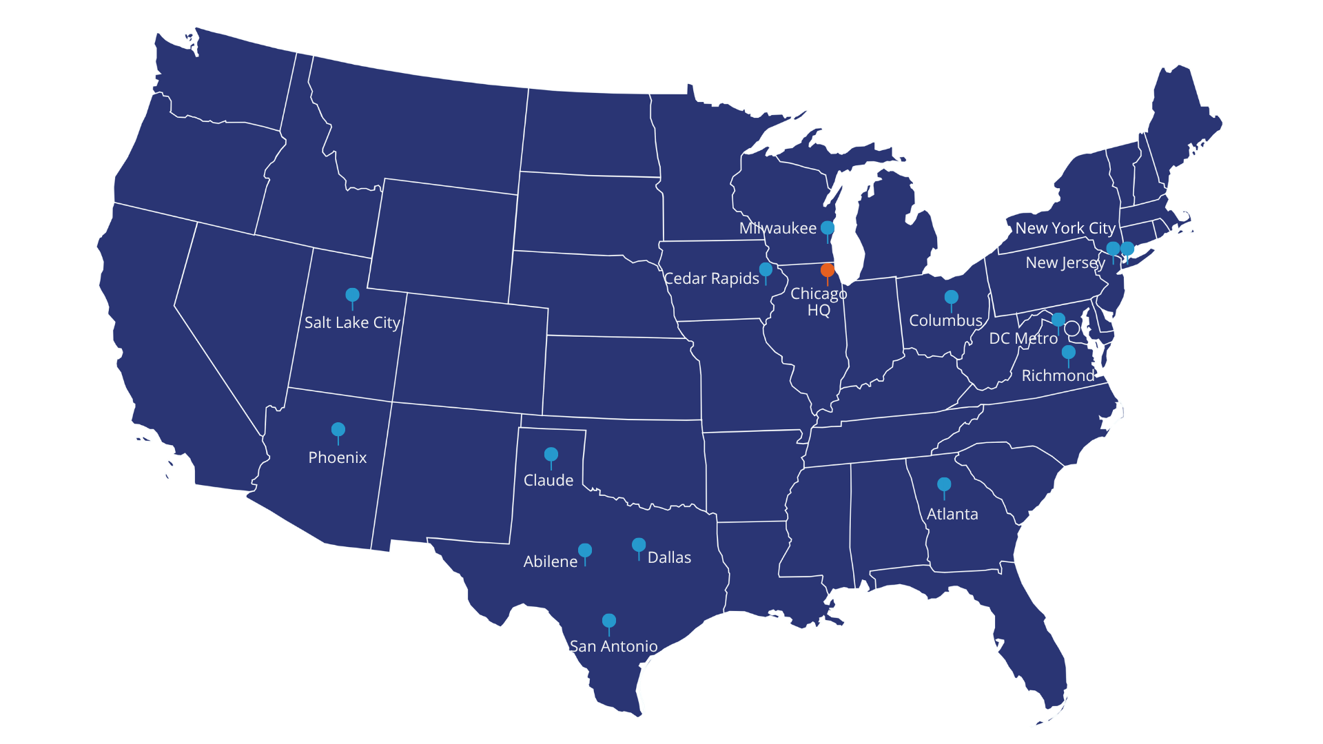 A map showing the location of National Technologies (NTI) office locations in all major data center markets and many secondary markets