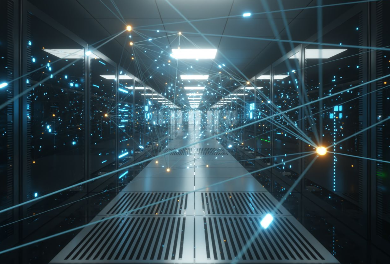 An aisle in a data center filled with lots of servers with vector lines indicating connectivity among all elements.