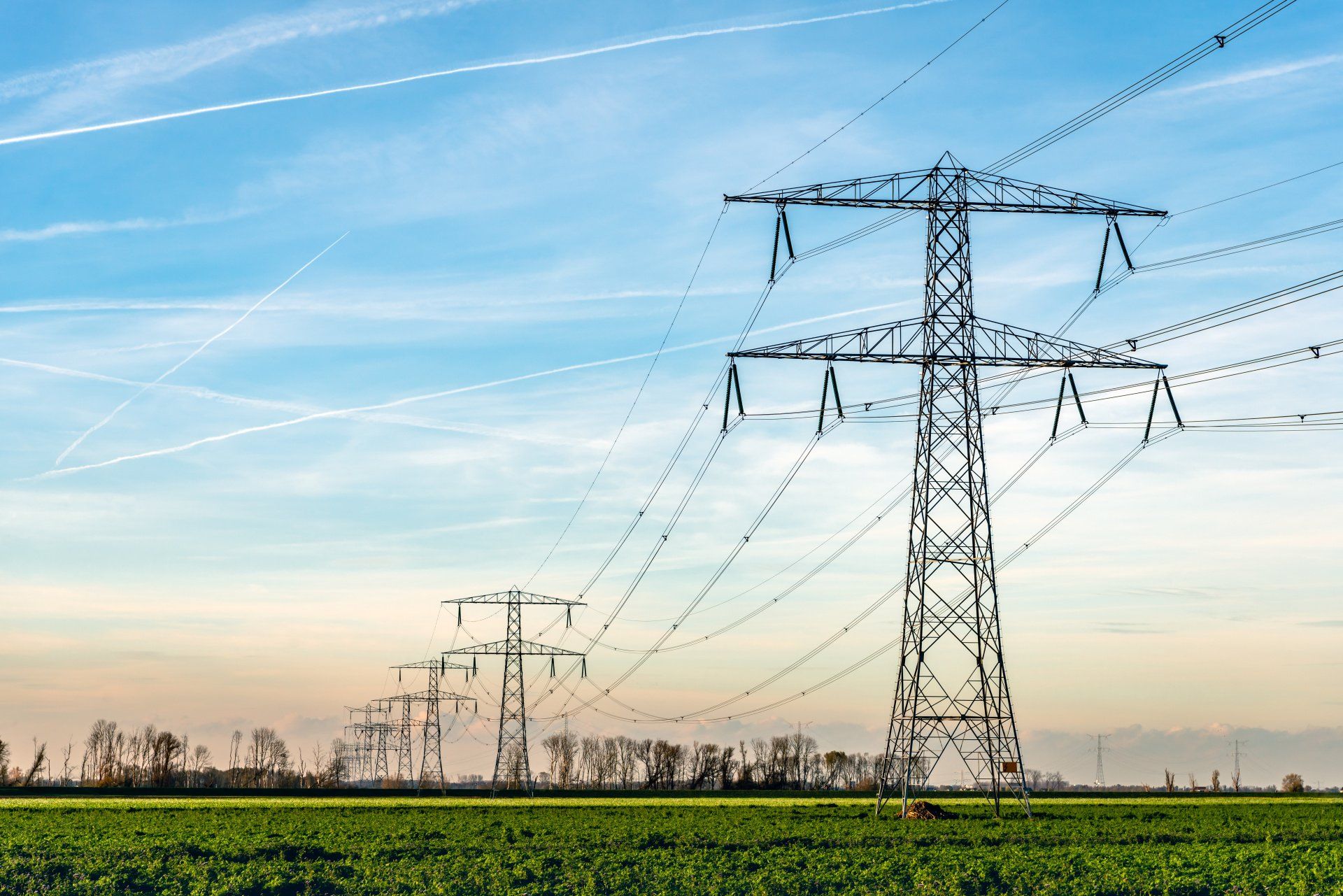 A row of power lines in a field with a blue sky in the background.