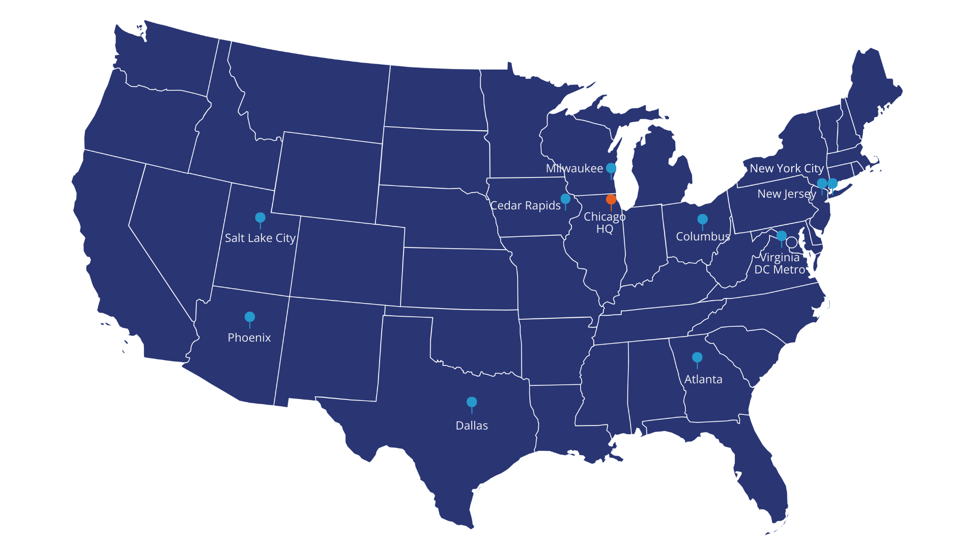 A map showing the location of National Technologies (NTI) office locations in all major data center markets and many secondary markets