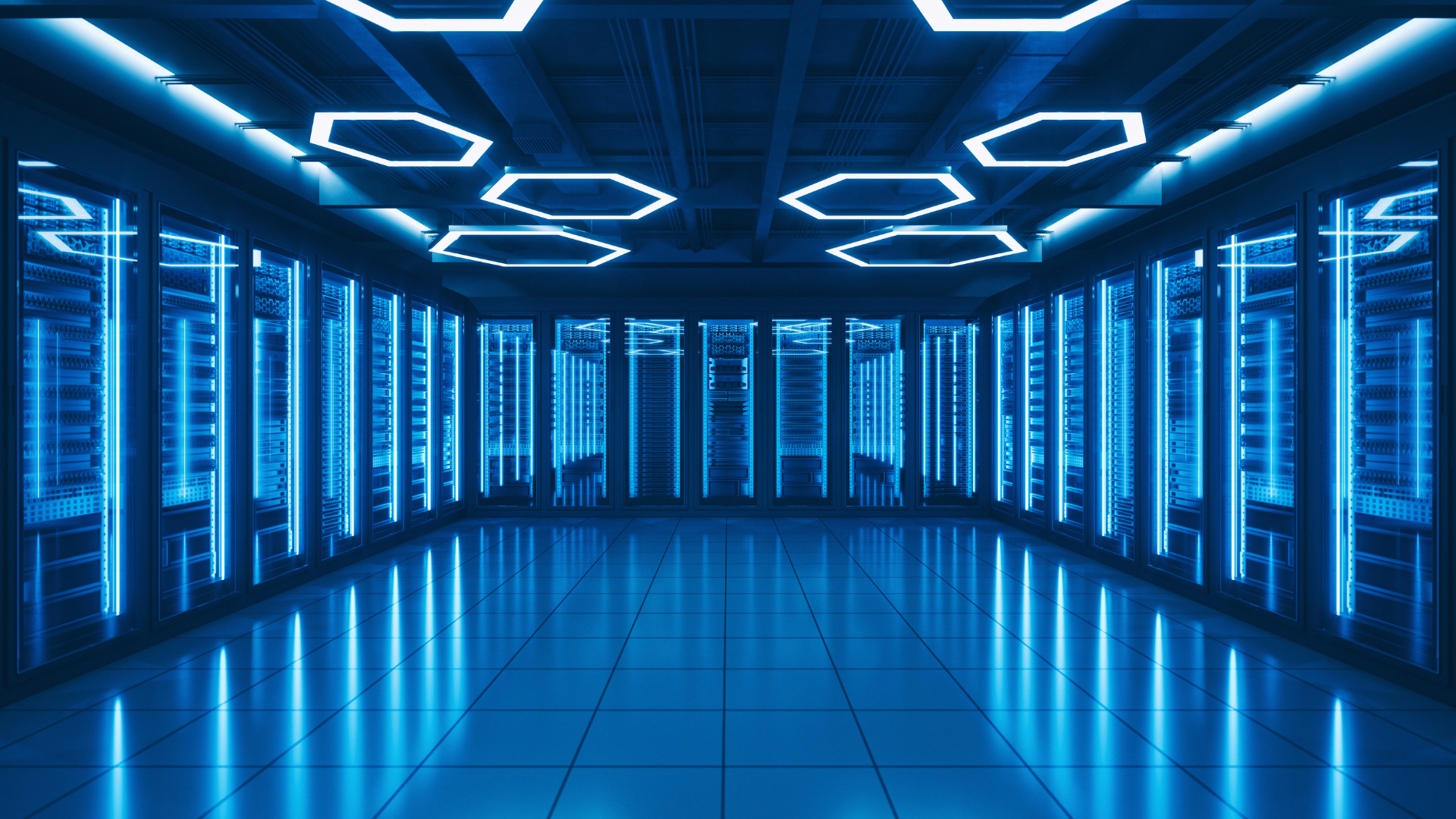 Long hyperscale data center aisle of racks with blue accent lighting