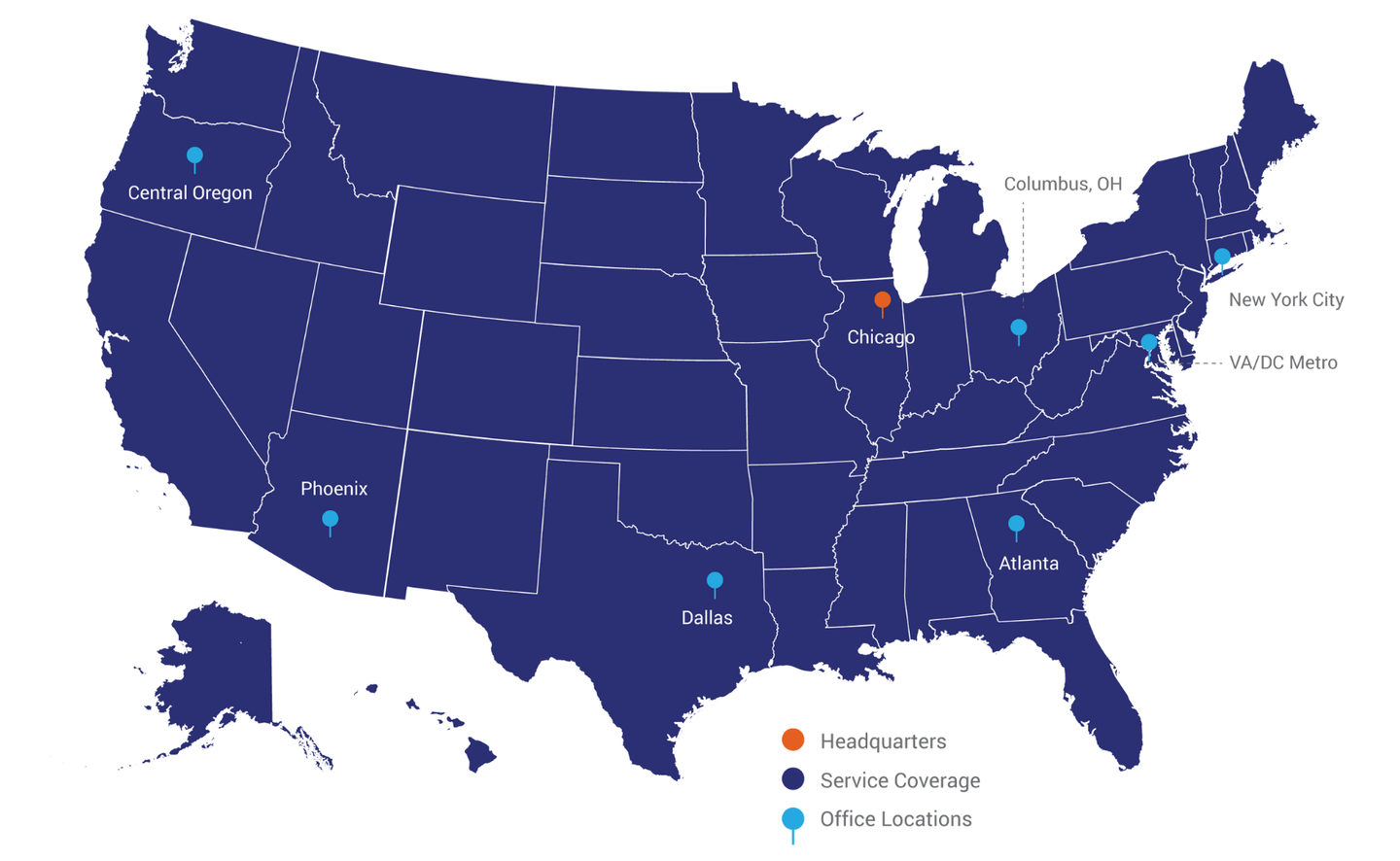 A map of the united states showing the location of various services