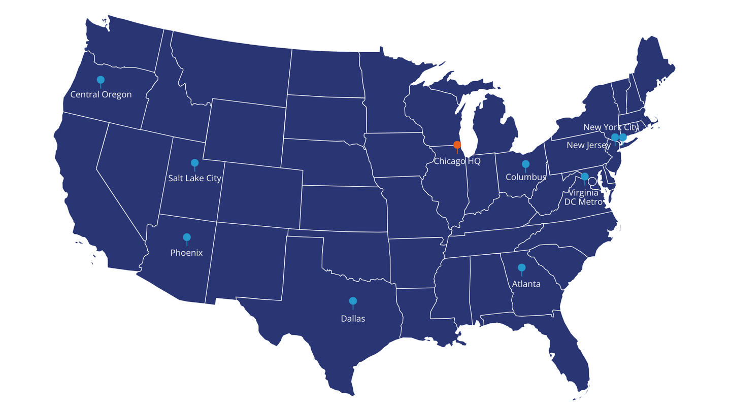 A map of the united states showing the location of various services