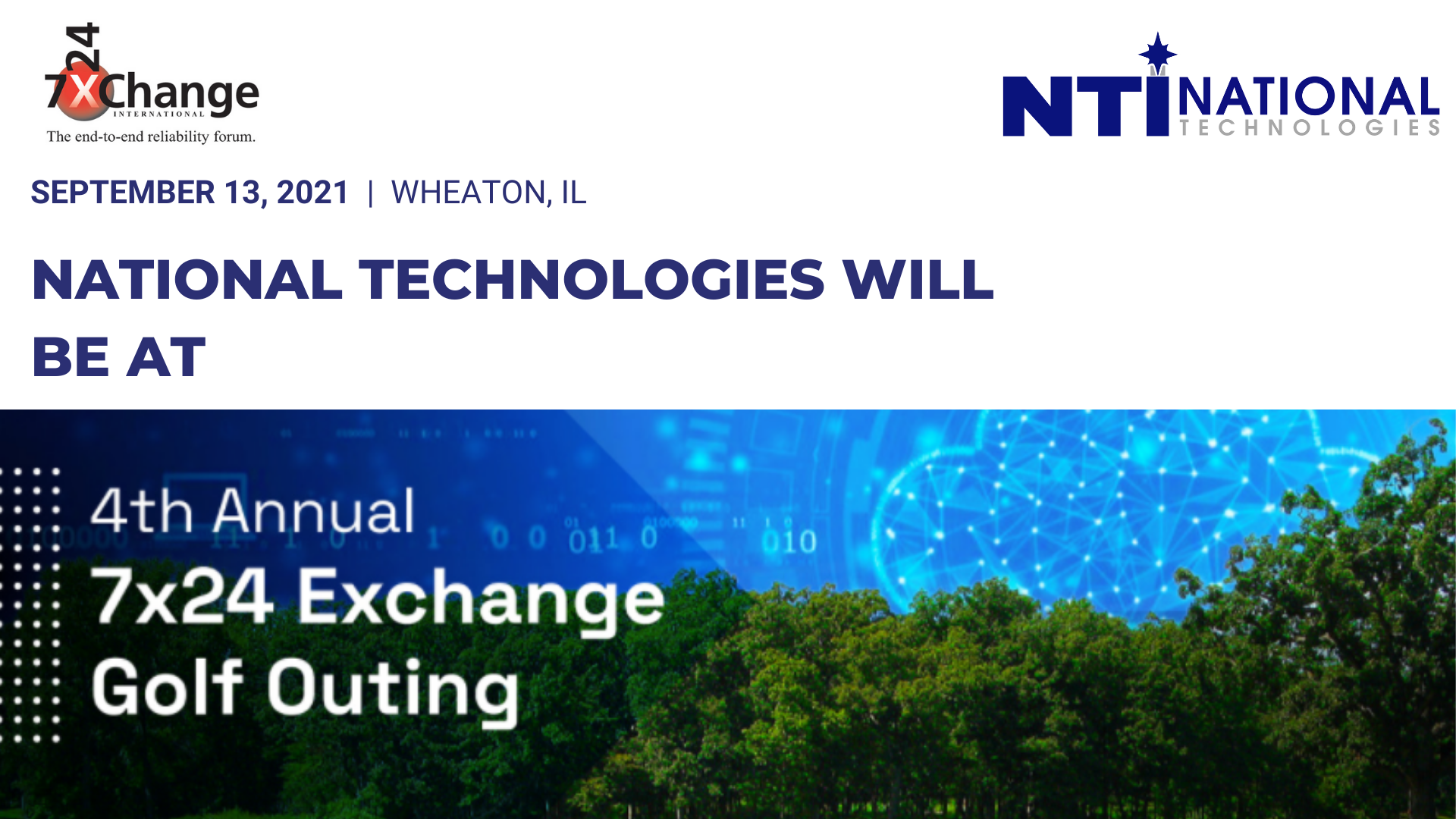 Graphic promoting the 2021 7x24 Exchange Golf Outing including 7x24 Exchange and NTI logos