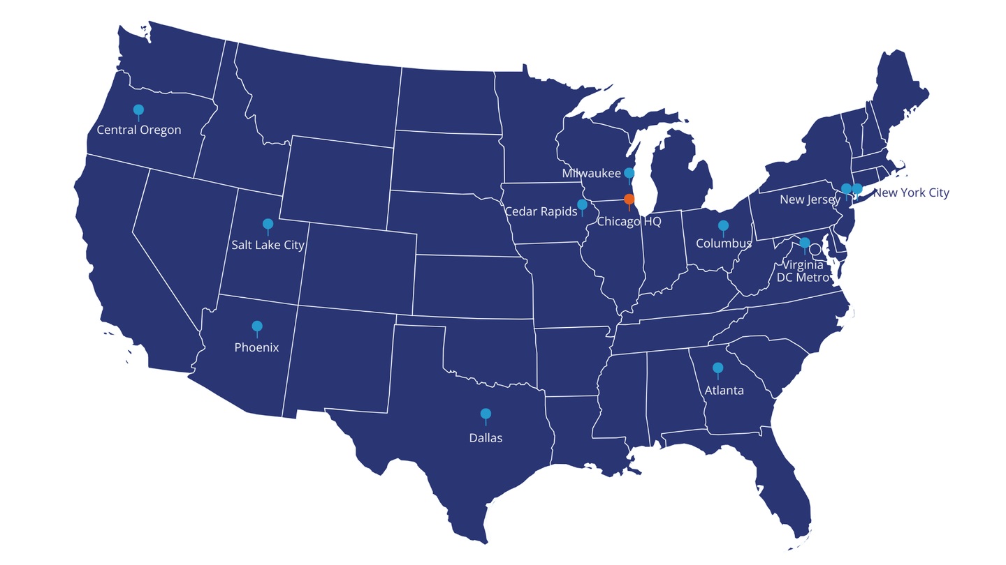 A map of the United States showing the location of National Technologies (NTI) office locations in all major data center markets and many secondary markets