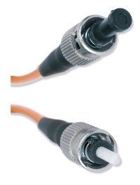 A close up of two optical connectors on a white background