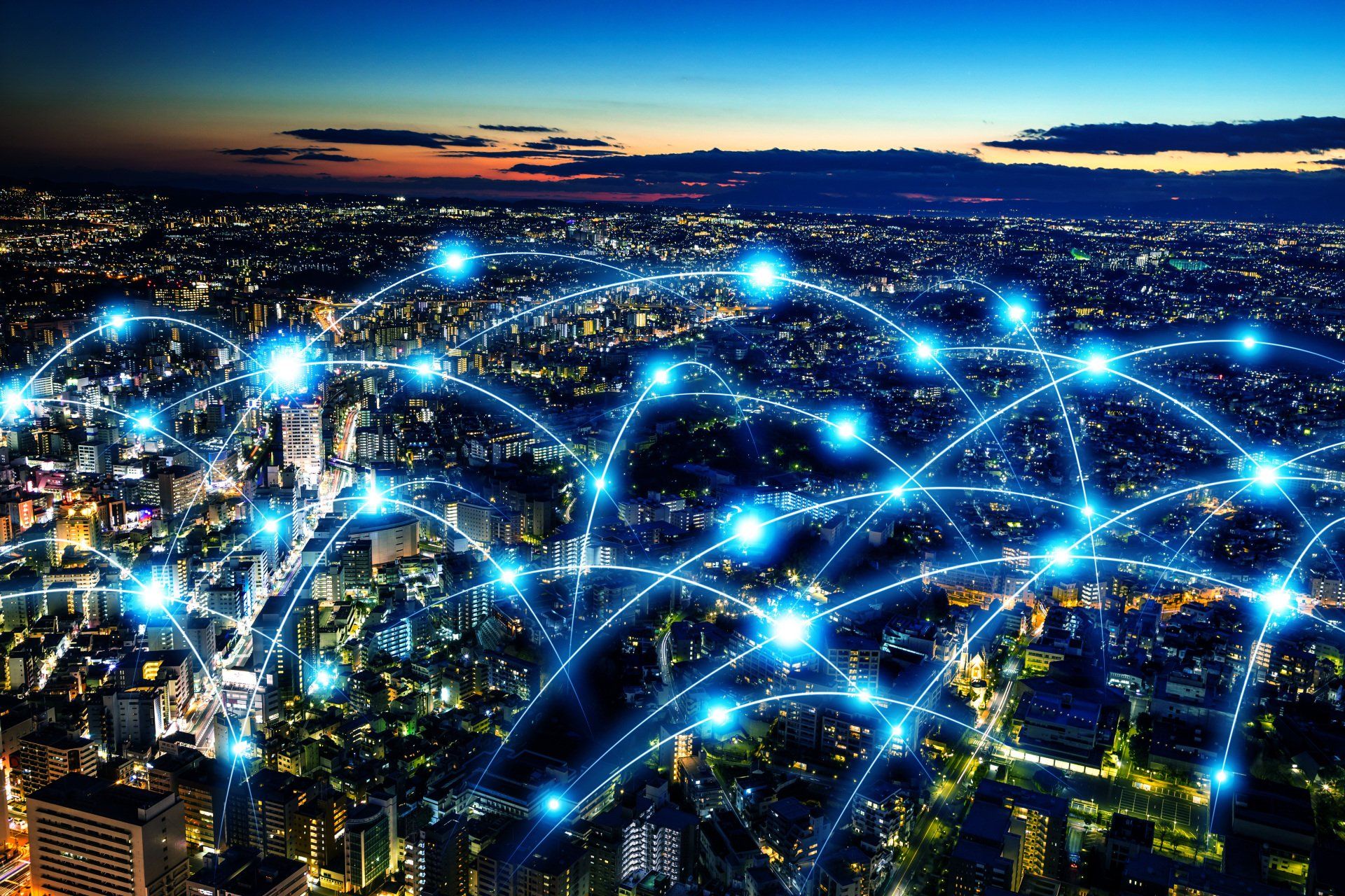 Blue pulses represent the network fiber connecting businesses and citizens in a city
