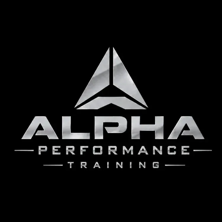 ALPHA Performance Training logo in silver and white on a black background with a stylized triangular emblem