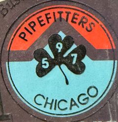 Pipefitters Local 597 Chicago logo: Red/orange/blue circle with shamrock.