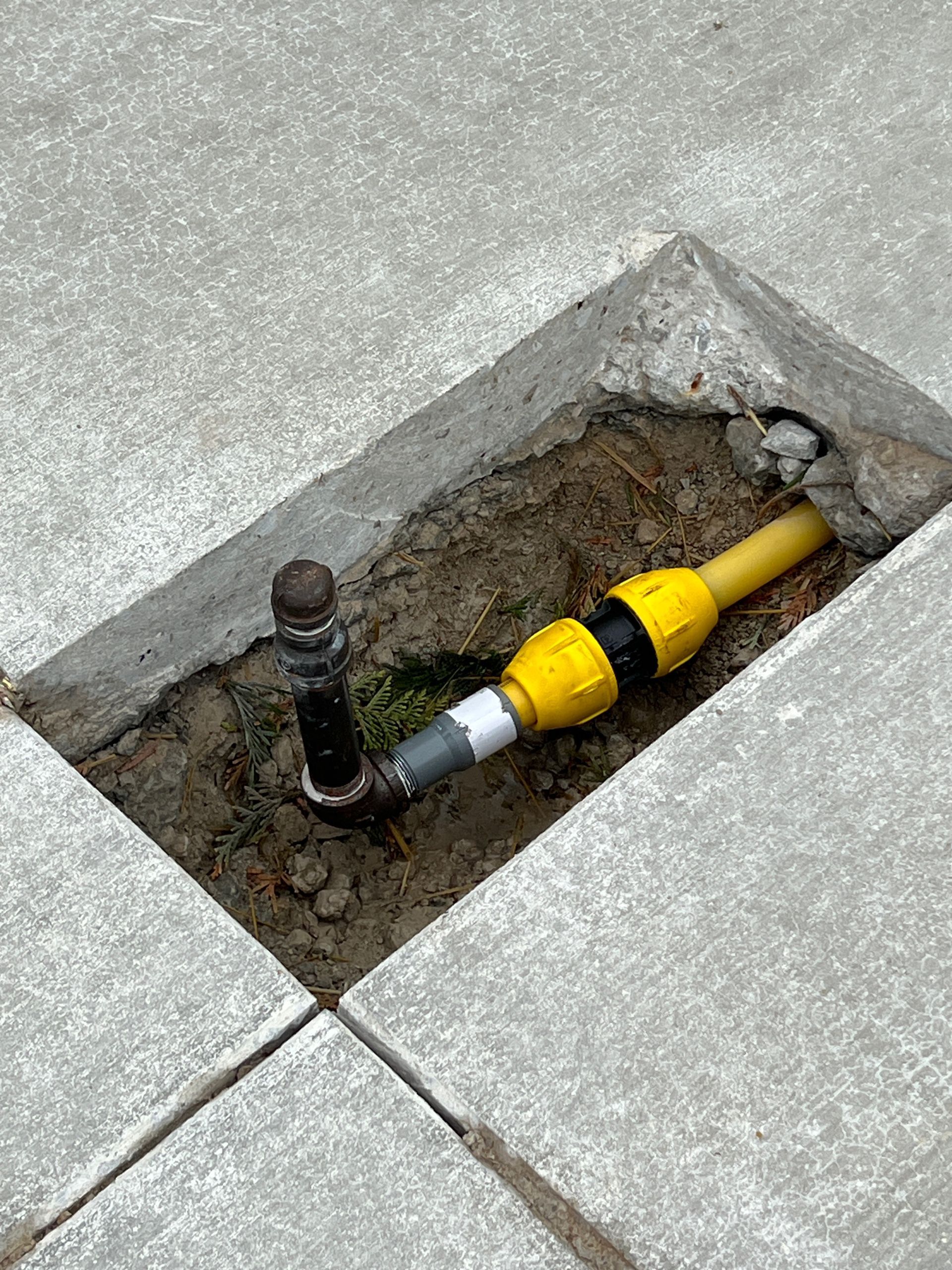 Gas line connection in a concrete ground opening. Yellow and black plastic connectors with a vertical black pipe.