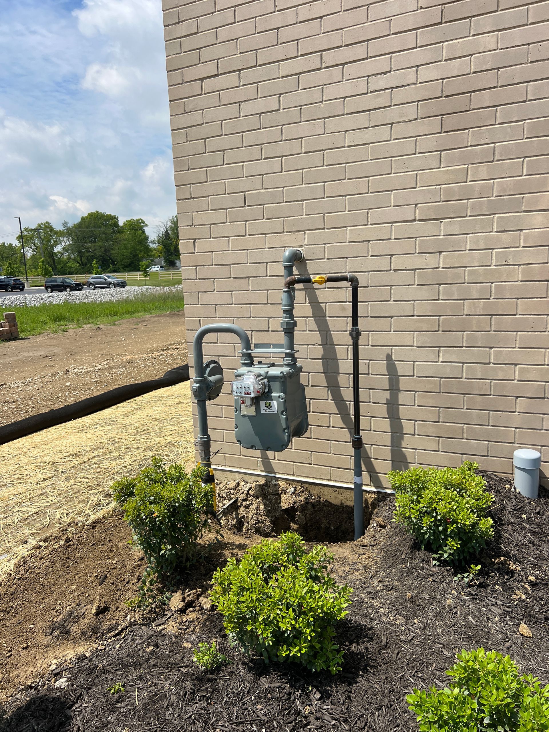 Gas meter attached to a brick wall with bushes in front, blue sky background.