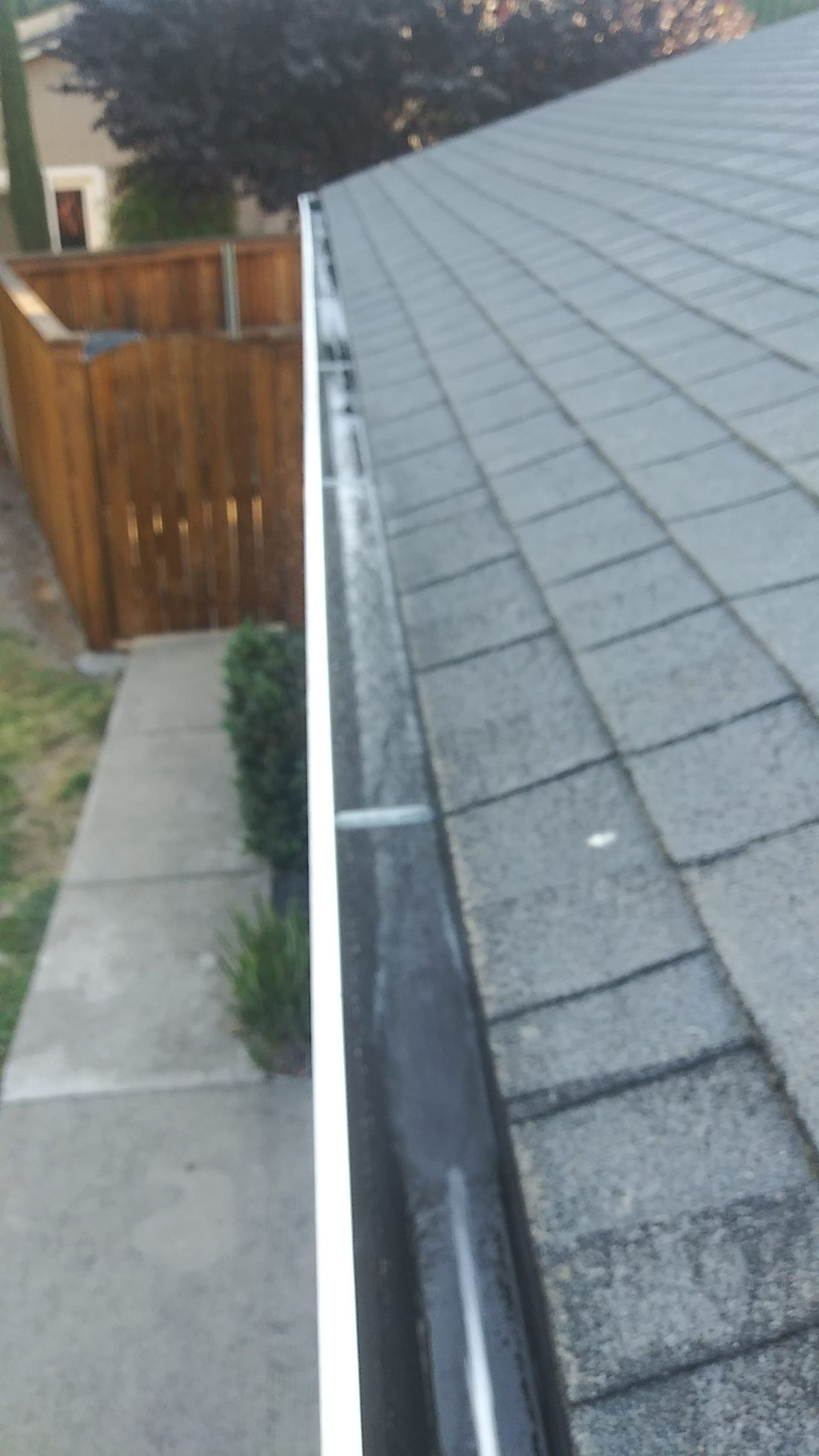 Gutter along a roof edge with shingles, next to a sidewalk and a wooden fence.
