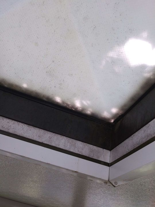 White, speckled ceiling with black trim and white border.