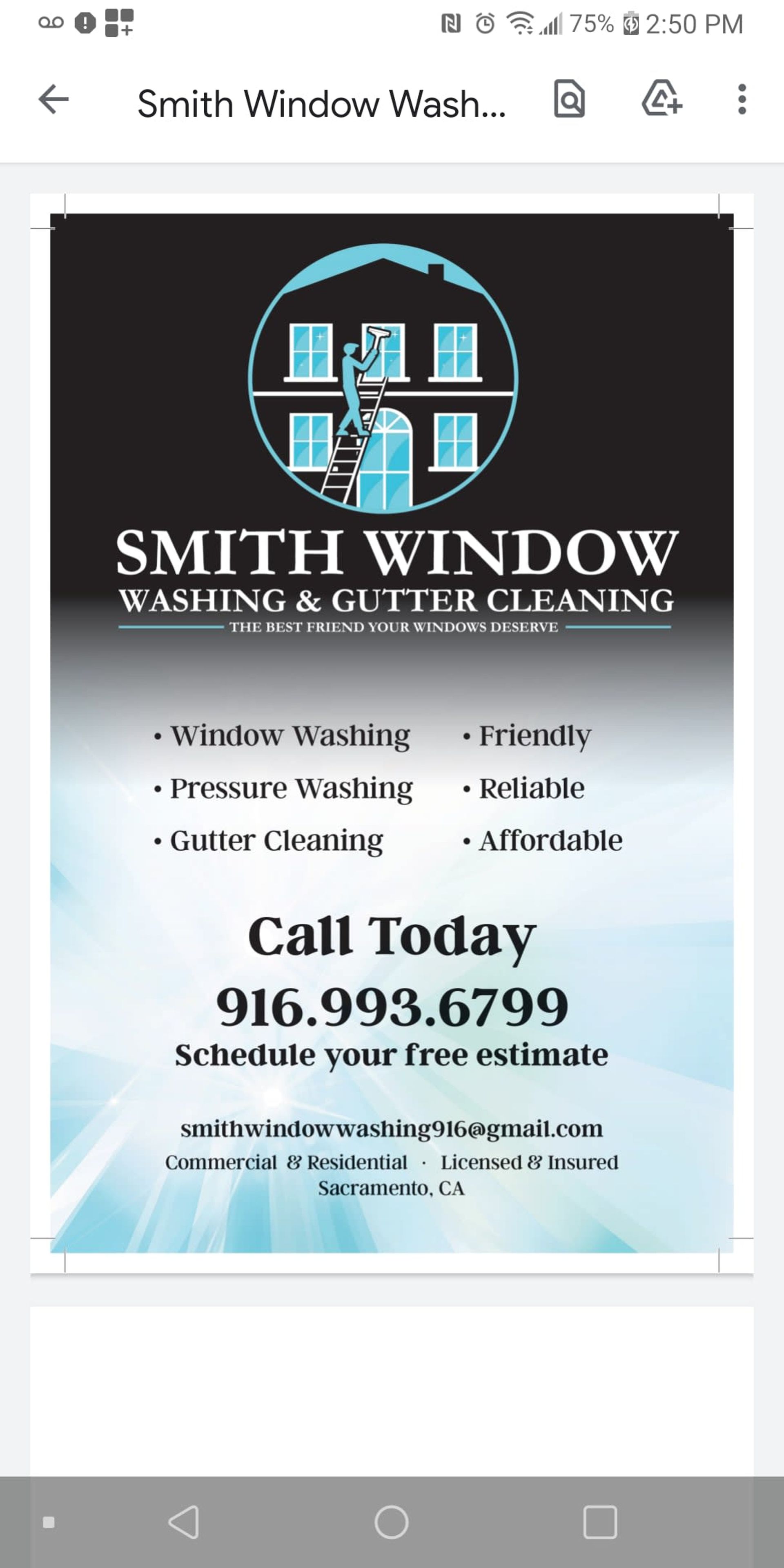 Advertisement for Smith Window Washing and Gutter Cleaning with logo and phone number.