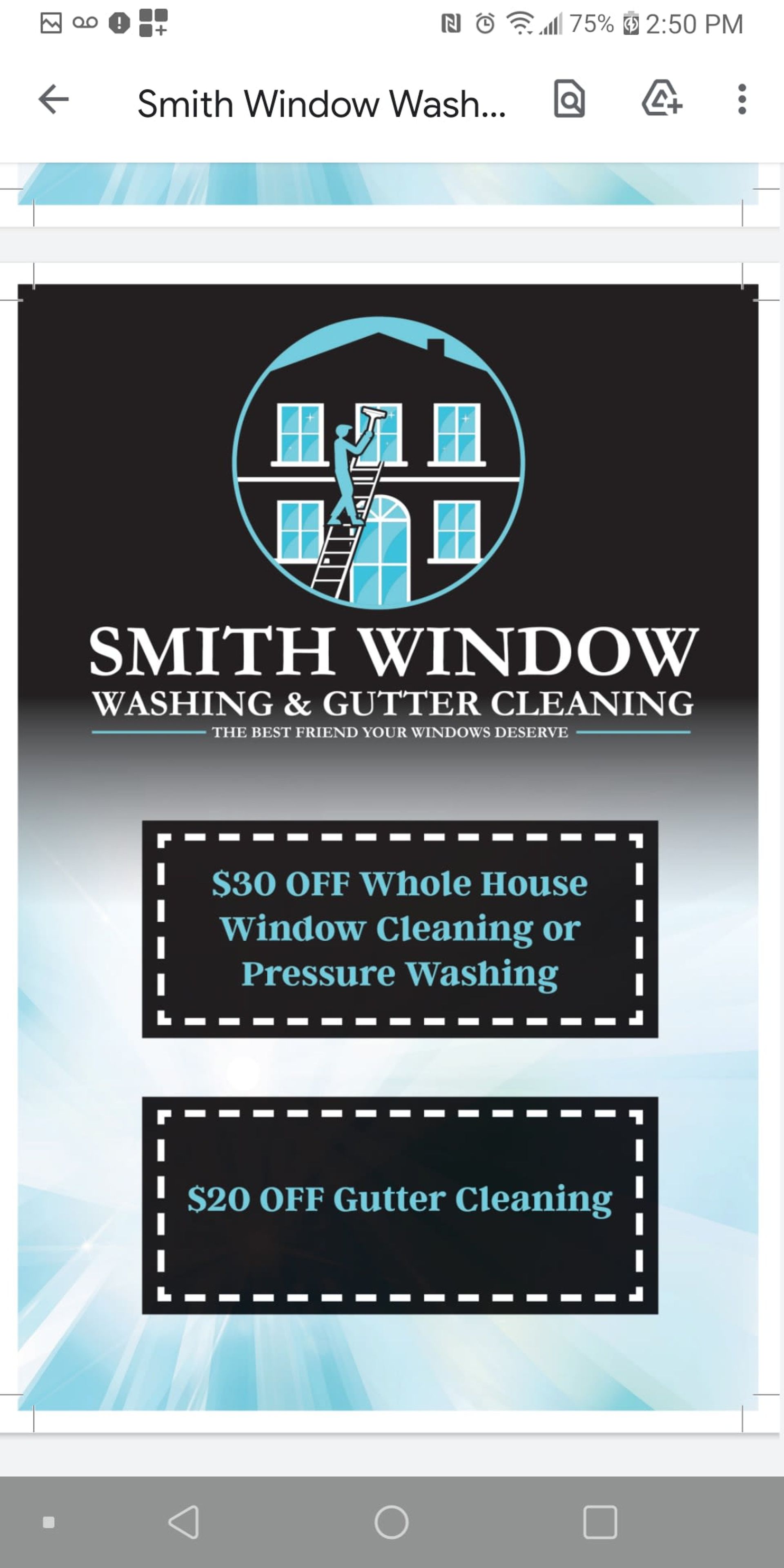 Smith Window Washing logo with offers: $50 off house cleaning/pressure washing, $20 off gutter cleaning.