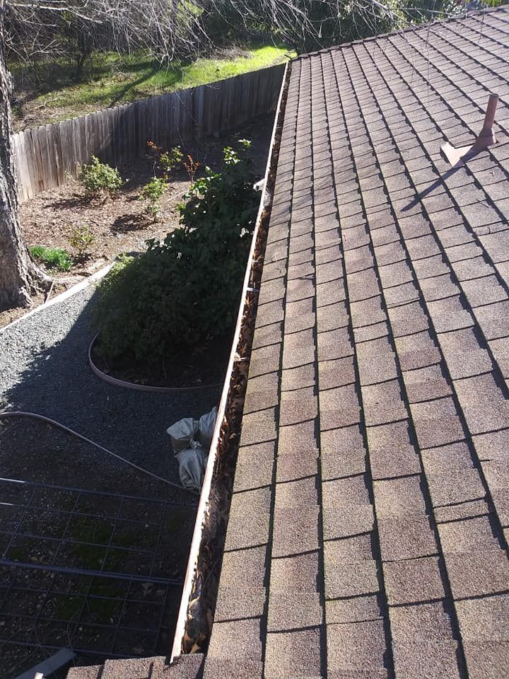 Rooftop with brown shingles and a gutter filled with debris. 