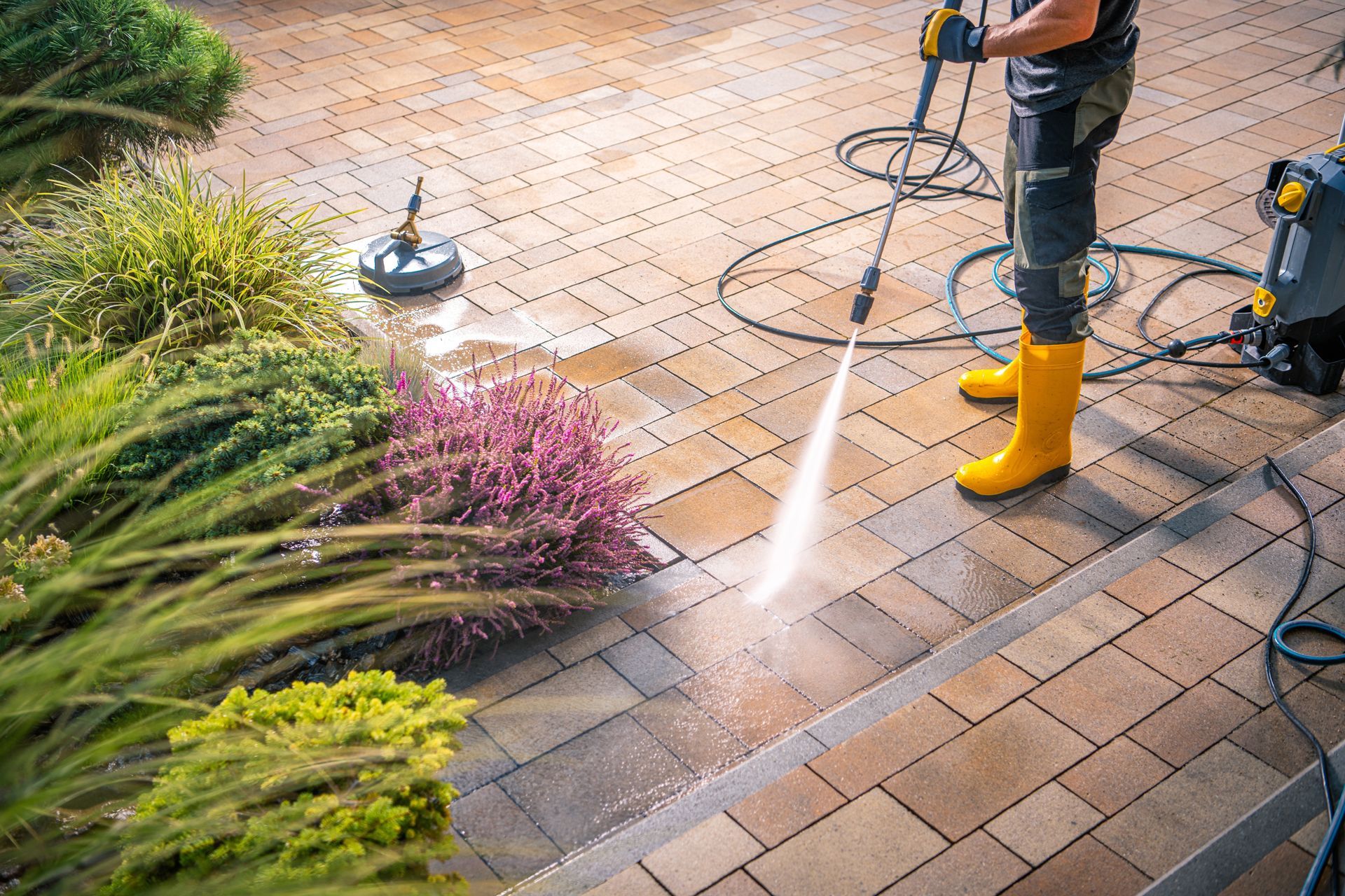Person pressure-washing a brick patio beside flowering shrubs, wearing yellow boots