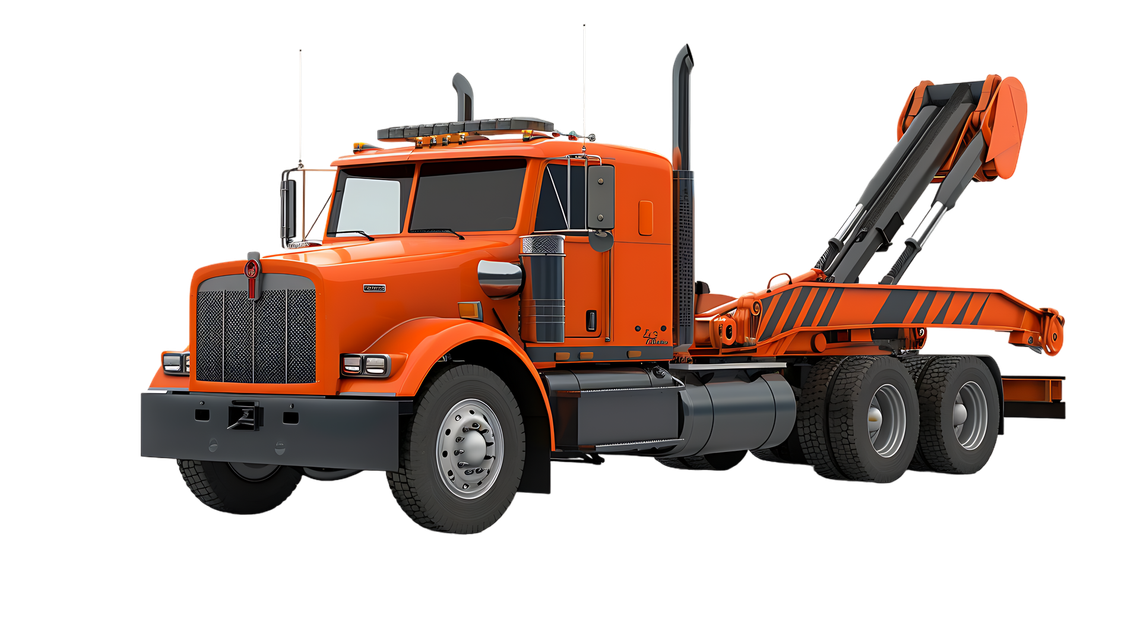 Orange tow truck with a raised boom and hook, shown on a white background