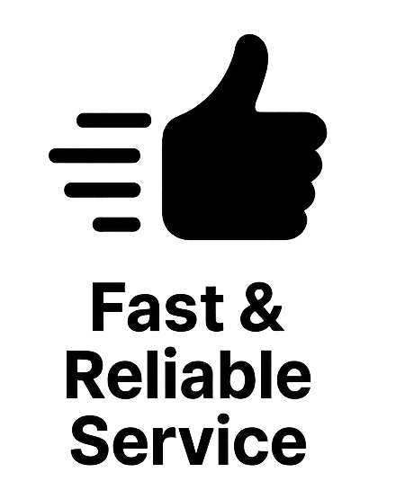 Black thumbs-up icon with motion lines above the words “Fast & Reliable Service”