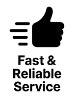 Black thumbs-up icon with motion lines above the words “Fast & Reliable Service”