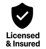 Black shield with white checkmark and “Licensed & Insured” text.