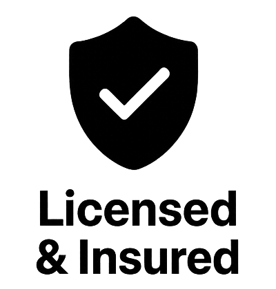 Black shield with white checkmark and “Licensed & Insured” text.