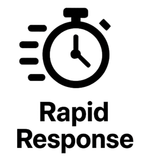 Black stopwatch icon with speed lines above the words “Rapid Response”