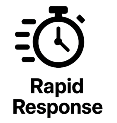 Black stopwatch icon with speed lines above the words “Rapid Response”