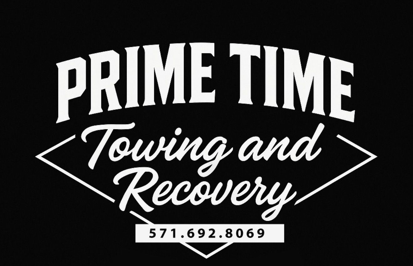 Prime Time Towing and Recovery logo with phone number 571-692-8069 on black background