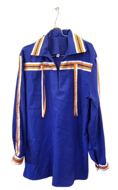 A blue shirt with orange and white stripes is hanging on a hanger