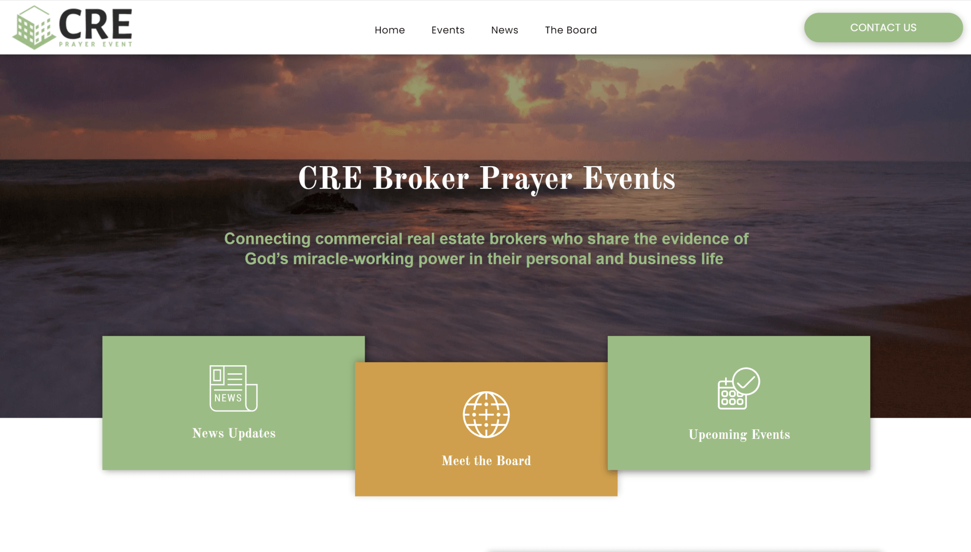 A screenshot of the cre broker prayer events website.