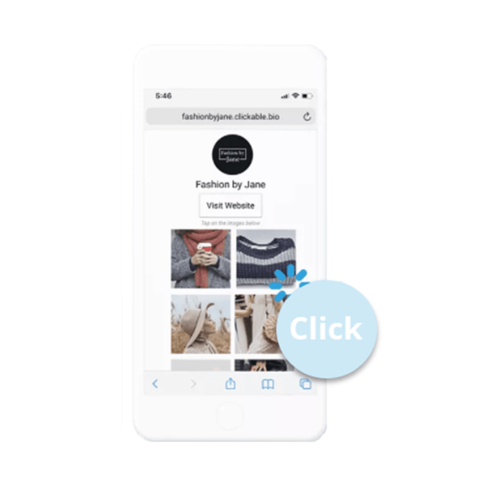 A cell phone with a button that says click on it.