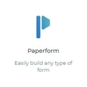 A logo for paperform that says easily build any type of form