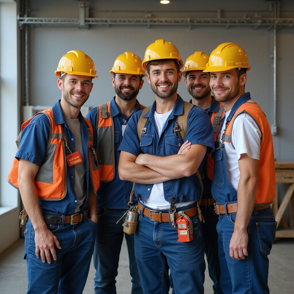 Five construction workers in yellow hard hats and blue coveralls standing together indoors, smiling at the camera